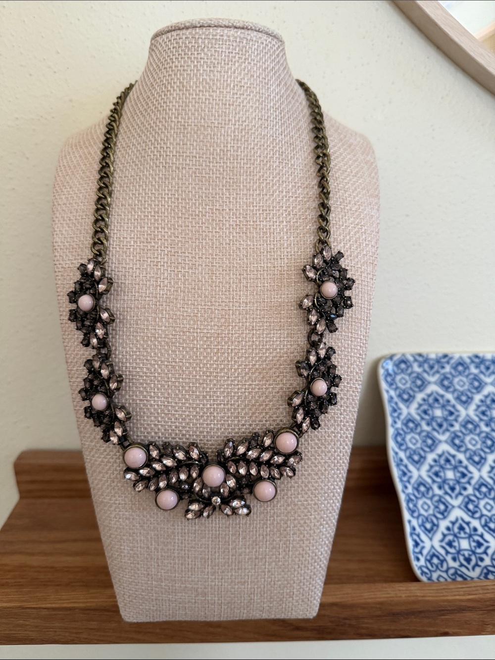 Vintage-Inspired Pink and Antique Gold Floral Crystal Necklace